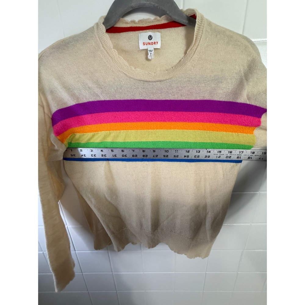 Sundry Womens Wool Cashmere Rainbow Stripe Scallop Trim Sweater Cream Size 0 - Picture 5 of 7